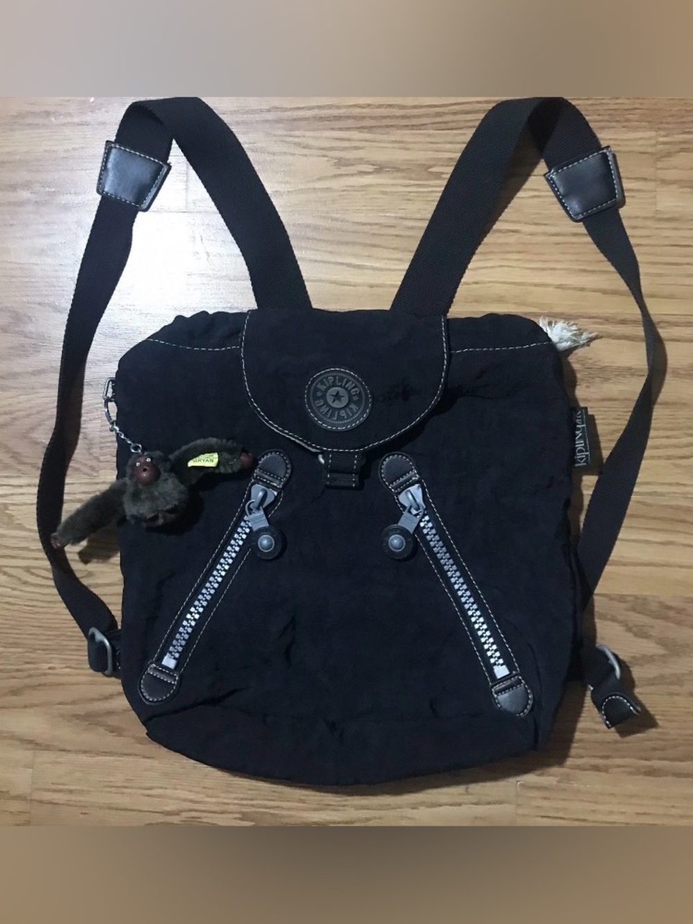 Kipling Black Nylon Cinch Backpack / Bookbag Tote Bryan Ape Charm